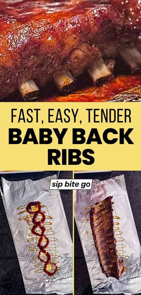 Here’s the best way to BBQ ribs without a grill… This is my go-to recipe for BBQ baby back ribs in the oven… They bake in about 2 hours and are tender and fall-off-the-bone. It’s a great beginner home cooking recipe…. | sipbitego.com Bbq Ribs In The Oven Easy Quick, Baked Barbecue Ribs, Oven Baked Baby Back Ribs Recipes, Oven Baby Back Ribs Recipes, Baby Back Ribs In Oven Fall Off The Bone, Fall Off The Bone Ribs In The Oven, How To Cook Ribs In The Oven, Pork Back Ribs Oven, Baby Back Ribs On Grill