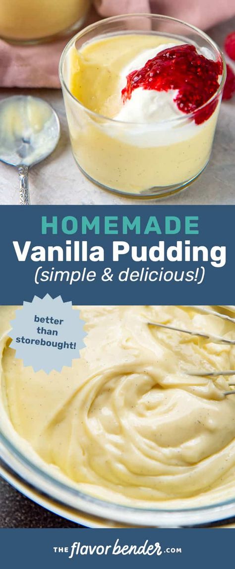 This homemade vanilla pudding is easy, creamy, and perfectly sweet! Only a handful of ingredients and so much better than store-bought. #TheFlavorBender #EasyRecipes #ClassicRecipes #VanillaPudding Homemade Pudding Healthy, Heavy Cream Pudding, Vanilla Pudding Homemade, Best Vanilla Pudding Recipe, Cooked Pudding Recipes, Buttermilk Pudding Recipes, Easy Homemade Pudding Recipes, Healthy Vanilla Pudding Recipes, Cornstarch Pudding Vanilla