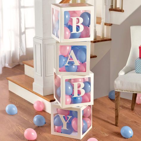 "Purchase Pop Up Baby Blocks With 5\" Balloons at Michaels. com. Build a new life together and these Pop Up Baby Blocks. Build a new life together and these Pop Up Baby Blocks. Each pack includes four clear sided blocks which spell \"BABY\" when put together as well as 68 assorted blue and pink balloons to show off inside the blocks. Perfect for baby showers and gender reveal parties. Details: Pink, blue and white Includes 1 pack of 72 pieces for a total of 72 pieces Popped or uninflated balloon Name Balloons, Baby Shower Box, Bar A Bonbon, Transparent Balloons, Shower Box, 5 Balloons, Balloon Box, 1st Birthday Party Decorations, Baby Letters