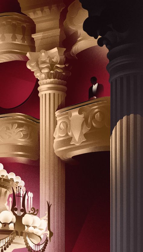 Grand Opera on Behance Art Deco City, Dark Deco, A Night At The Opera, Art Deco Illustration, Cover Art Design, Art Deco Posters, Pretty Drawings, Beautiful Curtains, The Opera