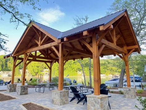 Post and beam timber frame shows transition framing from gable to shed, or between gables. ... HTTP://proudlandlandscape.com/ Timber Frame Pergola Plans, Timber Frame Barn Homes, Timber Frame Pergola, Timber Frame Pavilion, Timber Frame Barn, Types Of Timber, Outdoor Pavilion, Pine Timber, House Fire