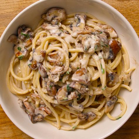 Creamy Truffle Mushroom Bucatini | Truffle Guys UK Truffle Spaghetti, Cheese Pasta Dishes, Mac And Cheese Pasta, Truffle Mac And Cheese, Fried Chicken Burger, Truffle Mushroom, Burrata Salad, Bbq Dishes, Truffle Fries