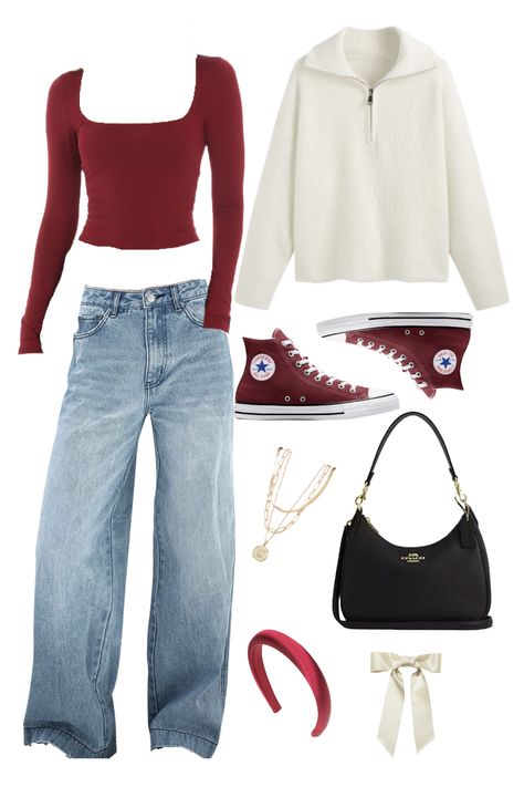 Get inspired with these maroon and cream outfits!  #OutfitInspo #MaroonOutfit #GoldJewelry  Outfit Inspo/Outfit Inspiration/Maroon Outfit/ Cream Outfit/  Sweatshirt/ Gold Jewelry/ Gold Earrings/Gold Necklace/Gold Rings/Coach bag/sling bag/ off the shoulder bag/ Converse/Converse shoes/Garage/Maroon Converse/red and white Converse/ jeans/red shirt/White/Stars/Tiffany/Bows/ headband Maroon And Cream Outfit, Maroon And White Outfits, Maroon Sweatshirt Outfit, Red Converse Outfit Ideas, Maroon Converse Outfit, Converse Red Outfit, Outfits With Red Converse, Maroon Jeans Outfit, Maroon Shoes Outfit