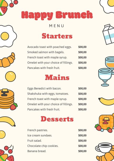 Linear Cool Happy Brunch Bar Menu Brunch Shopping List, Brunch Menu Design Ideas, Brunch Bar Restaurant, Breakfast Menu Design Ideas, Brunch Menu Restaurant, Brunch Layout Ideas, Brunch Menu Design, Menu Maker, Appetizers Table