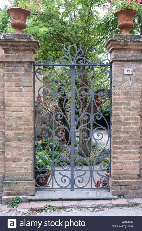 Garden Iron Gate, French Iron Gate, Iron Fence Design, Ornamental Iron Gates, Montepulciano Italy, Brick Pillars, Wrought Iron Garden Gates, Old Gates, Backyard Gates