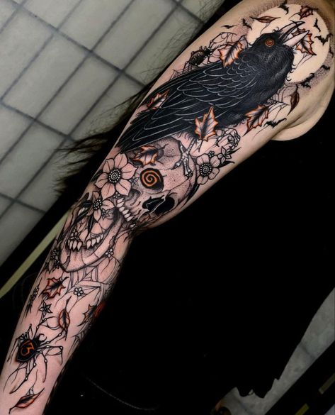 Crow and skull spooky arm sleeve for women halloween vibes Halloween Tattoos Sleeve, Tattoo Sleeve Filler, Skull Sleeve Tattoos, Skull Sleeve, Wicked Tattoos, Creepy Tattoos, Spooky Tattoos, Leg Tattoos Women, Leg Sleeve Tattoo