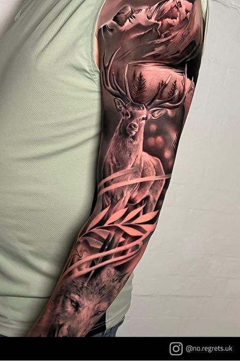 Black and grey nature sleeve by Amir Lameyra at No Regrets Bristol. 📩 Bristol@nrstudios.co.uk ⠀ 📍 26 Stokes Croft, Bristol, BS1 3PR 📲 01173620157 🔗 www.nrstudios.co.uk #nrstudios #tattooosleeve #sleevetattooideas #naturetattoo #blackandgreyrealismtattoo #realismtattoo #realistictattoos #deertattoo #wolftattoos #tattoosleeveideas #coolsleevetattoos #realismtattoosleeve Black And Grey Animal Tattoos, Mens Nature Tattoo Sleeve, Deer Sleeve Tattoo, Nature Sleeve Tattoo For Men, Realistic Nature Tattoo, Nature Realism Tattoo, Half Sleeve Tattoo For Men, Nature Themed Sleeve Tattoo, Nature Sleeve Tattoo