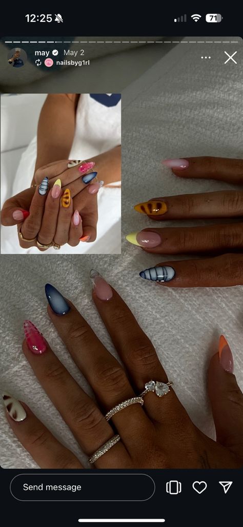 August Nails Inspo 2024, Perfect Nails Aesthetic, Nails On Chest Pose, Nail Multi Color Ideas, Nail Pic Ideas, Busy Nails Designs, Fun Easy Nails, Ny Nails Design, Classy Fun Nails