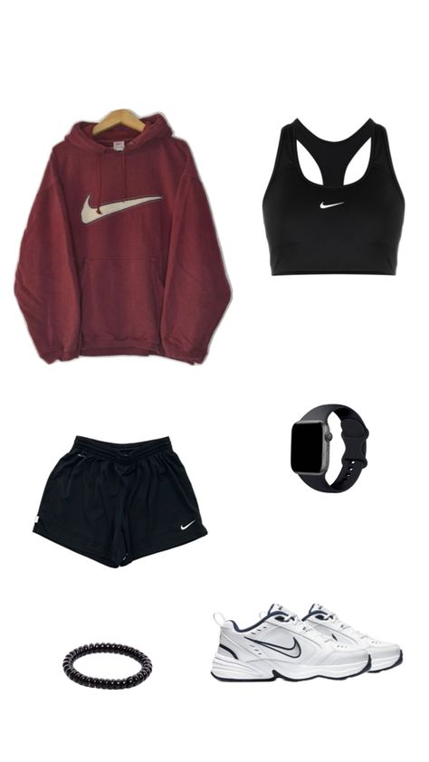 Red vintage Nike sweatshirt black Nike sports bra black Nike athletic shorts black Apple Watch black hair tie white Nike tennis shoes outfit Nike Running Outfit, Nike Tennis Shoes Outfit, Nike Tennis Outfits, White Nike Tennis Shoes, Apple Watch Black, Black Hair Tie, Black Apple Watch, Running Outfit, Tennis Outfits