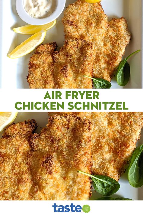 Chicken Snitzel In Air Fryer, Chicken Schnitzel Air Fryer, Chicken Shnitzel, Recipes Airfryer, Airfryer Chicken, Air Fryer Recipes Low Carb, Schnitzel Recipe, New Air Fryer Recipes, Air Fryer Recipes Snacks