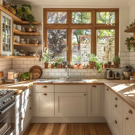 7+ Bright White U Shaped Kitchen Ideas for a Fresh Look • 333k+ Inspiring Lifestyle Ideas & Images Good Accent Kitchen, White Small House Interiors, Farmhouse U Shaped Kitchen, Kitchen Windows That Open Out, Kitchen Interior Bright, Kitchen Modern Cottage, Bright Cottage Kitchen, Sink Not Centered Under Window, Different Style Kitchens