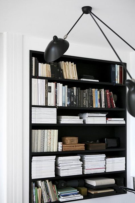 7 Things in Your Home to Paint Black | Northampton MA Real Estate Black Bookshelf, Black Bookcase, Cool Bookshelves, Black Shelves, Bookshelf Styling, Reading Nooks, Personal Library, Bookshelf Decor, Style At Home