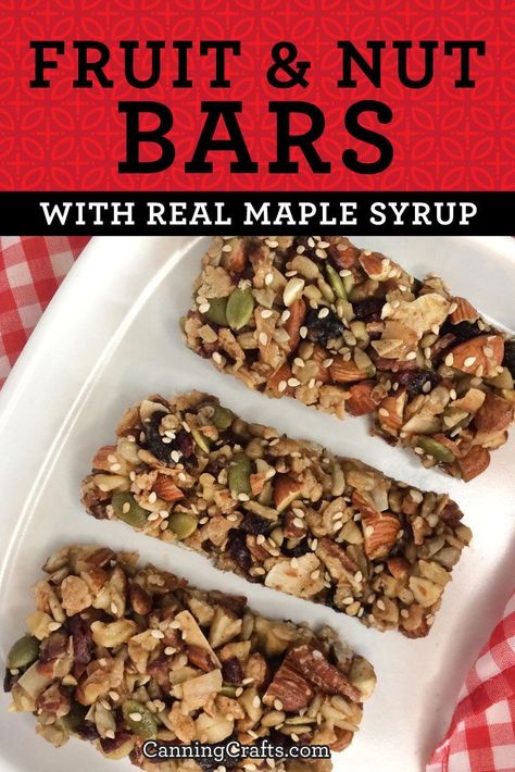 Create a delicious and healthy snack bar with our Fruit & Nut Bar recipe! Unlike store-bought bars, our recipe uses pure maple syrup for the natural sweetener. Loaded with healthy ingredients like nuts, seeds, coconut, dried fruit, and spices, you can also add protein powder for an extra nutritional boost. Get the complete, easy-to-make recipe on CanningCrafts.com today and treat your taste buds to a nutritious treat! | #maplesyrup #nuts #almonds Bars With Dates Healthy Snacks, Dried Fruit And Nut Bars, Oat And Nut Bars, Fruit And Nut Bars Recipe, Nut Protein Bar, Fruit And Nut Granola Bars, Date Nut Bars Recipe Healthy Snacks, Fruit And Nut Bars Homemade, Dried Fruit Bars