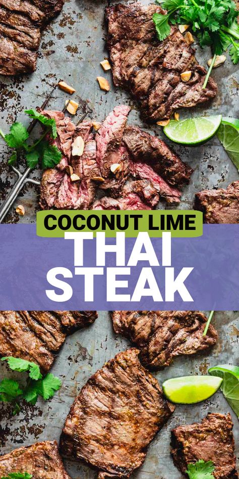 This Thai coconut lime grilled skirt steak is so juicy and flavorful! Even better, this easy steak recipe requires less than 15 minutes of hands on prep work! The steak is marinated in an easy Coconut Lime mixture that gives it a wonderful light and zesty Thai-inspired flavor. You’ll also find some easy tricks on how to get great results with grilled skirt steak! Healthy Skirt Steak Recipes Dinners, Skirt Steak Meal Prep, Easy Steak Recipe, Thai Steak, Thai Bbq, Skirt Steak Marinade, Barbecue Recipes Grill, Skirt Steak Recipes, Grilled Skirt Steak