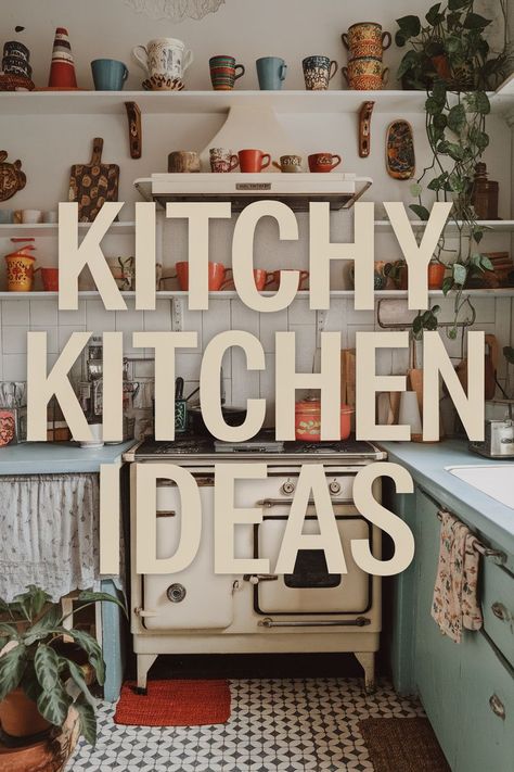 Transform Your Space with Kitschy Kitchen Decor Thrifted Kitchen Cabinets, Maximalist Galley Kitchen, Maximalist Small Kitchen, Retro Inspired Kitchen, Colorful Kitchen Aesthetic, Funky Diy Home Decor, Eclectic Decor Kitchen, Quirky Kitchen Ideas, Whimsy Kitchen