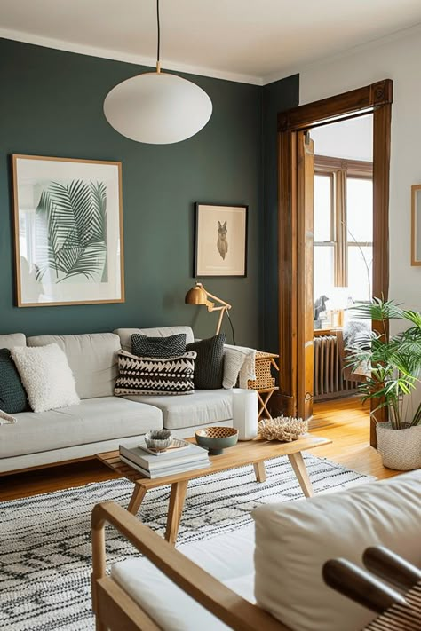 Green Painted Walls Living Room, Green Living Room Paint, Dark Walls Living Room, Dark Green Rooms, Green Walls Living Room, Dark Green Living Room, Dark Living Room Ideas, Dark Living Room, Green Accent Walls