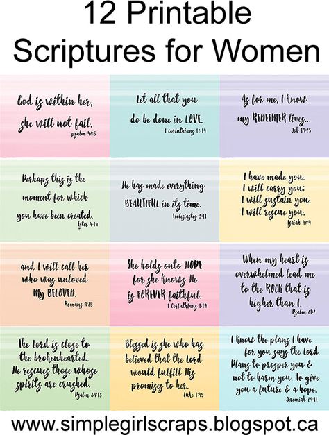 Simple Girl Scraps: 12 Printable Scriptures for Women Scriptures For Women, Tattoo Christian, Verses For Kids, Christian Scriptures, Bible Verses For Kids, Scripture Cards, Printable Bible Verses, Prayer Scriptures, Simple Girl