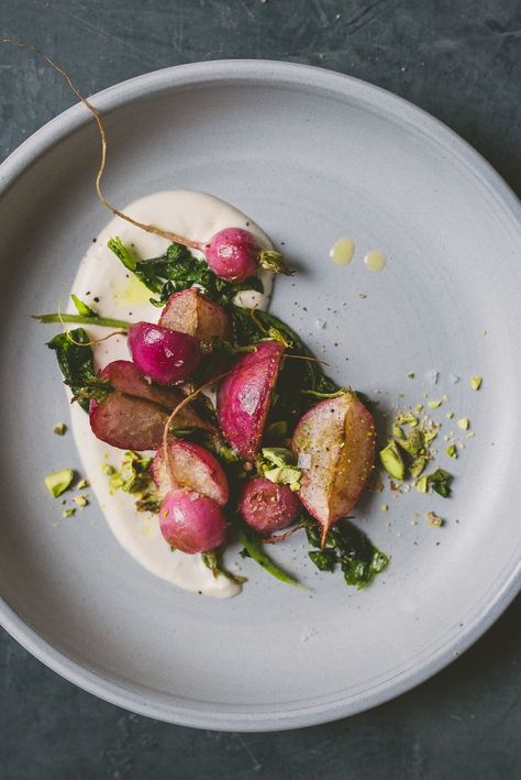 Stovetop Radishes with Mint and Miso-Yogurt | Betty S. Liu Gourmet Food Plating, Food Plating Techniques, Radish Recipes, Fine Dining Recipes, Blue Plate, Work Project, Radishes, Food Presentation, Food Plating