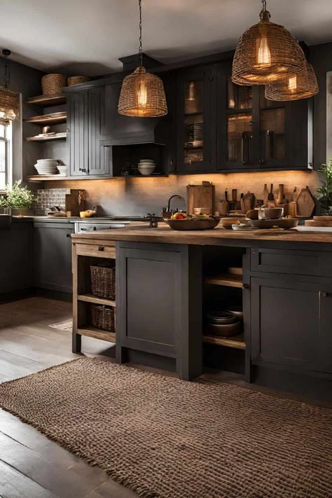 40+ Aesthetic Moody Farmhouse Kitchen Ideas You Will Both Love Moody Kitchen Aesthetic, Dark Rustic Kitchen Cabinets, Dark Country Kitchen, Boho Kitchen With Dark Brown Cabinets, Western Gothic Kitchen, Black Kitchen Cabinets Farmhouse, Moody Farmhouse Kitchen, Dark Kitchen Aesthetic, Moody Kitchen Ideas