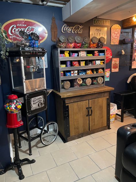 Home movie room idea. Concession stand. Snack bar. Home Cinema Concession Stand, Popcorn Home Theater, Garage Snack Bar, Rec Room Snack Bar, Snack Bar For Movie Room, Home Movie Snack Bar, Movie Room Concession Stand Ideas, Home Concession Stand Ideas, Basement Concession Stand