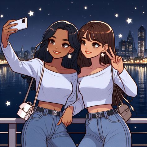 Bff Pictures Aesthetic Anime, Anime Besties Aesthetic, Best Friends Photos Black, 2 Bff Anime, Two Besties Cartoon, Photo 2 Friends, Bff Animation, Bestie Illustration, Cartoon Duos Bff