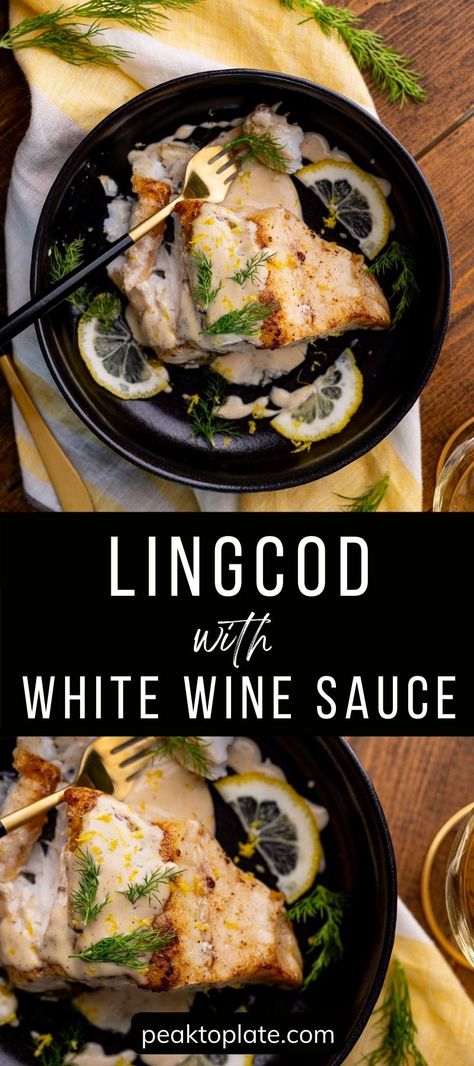 Lingcod is known for its mild sweet flavor and melt-in-your-mouth-tenderness. This delicate fish is paired with a luxuriously creamy white wine sauce for the perfect balance of flavors. a dish that is both simple and sophisticated. If you're looking for a dish that's both simple and sophisticated, give this elegant pan-seared lingcod recipe a try! Lingcod Recipe, Poached Cod, Creamy White Wine Sauce, White Wine Cream Sauce, Blacken Fish, Seared Fish, White Wine Sauce, Venison Recipes, How To Cook Fish