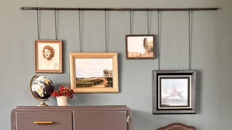 How to DIY a Picture Rail System - Art Rail Display, Diy Picture Rail System, Brass Picture Rail, Picture Rail Paint Ideas, Hanging Picture Rail, Picture Rail Bedroom, Diy Picture Rail, Picture Rail Hanging, Picture Rail Molding