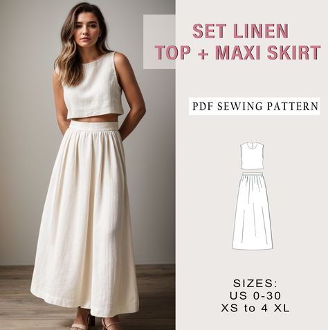 Set Linen Top And Maxi Skirt Sewing Pattern, Linen Gathered Maxi Skirt Sewing Pattern, Gathering Skirt, Modest Skirt Pattern, Summer Skirt Womens Skirt Sewing Pattern, Modern Clothes Patterns, Linen Two Piece Set Sewing Pattern, Co Ord Sewing Pattern, Modern Sewing Patterns Women, Linen Set Sewing Pattern, Linen Skirt Sewing Pattern, Sew Clothes Women, Skirt Sewing Ideas