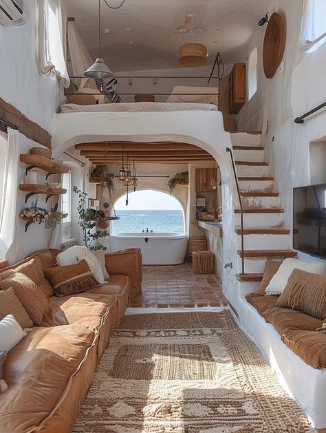 Tuscan Tiny House, Moroccan Tiny House, Spanish Tiny House, Spanish Style Tiny House, Small House Ideas Tiny Homes, Mediterranean Tiny House, Tiny House Aesthetic, Cobb Houses, Loft Mezzanine