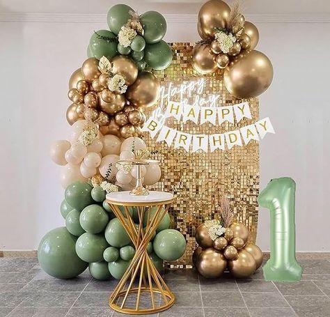 Amazon.com: Sage Green First Birthday Decorations For Boys, 40inch Olive Green Number 1 Balloon And Happy Birthday Banner Set With 12inch Sage Green Cream Metallic Gold Balloons For Kids 1st Birthday Decorations : Toys & Games Olive Green Birthday Decorations, Sage Green Themed Birthday Party, Sage Green First Birthday, Green And Gold Party Theme, Green Shower Ideas, Sage Green Birthday Decor, Gold And Green Birthday, Green Themed Birthday Party, Green Birthday Decorations