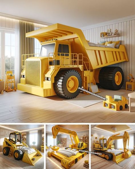 Construction Beds For Boys, Kids Beds Ideas, Bulldozer Bed, Kids Car Bed The Home Depot, Monster Jam Kids Room, Kids Monster Truck Room, Weird Beds, Kids Climbing, Kids Beds