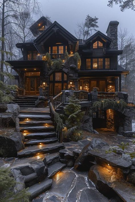 Dark House Exterior In The Woods, Dark Wood Mansion, Morden House, Fairytale Houses, Mountain Dream Homes, Log Home Designs, Woodland House, Storybook Homes, Wood Houses