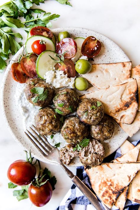 These tender Mediterranean Meatballs are served with our favorite simple tzatziki sauce and make for a delicious and unexpected weeknight dinner. Medditeranean Meatballs, Medditeranean Diet, Sonoma Diet, Kofta Meatballs, Donut Cakes, Beef Kofta, Mediterranean Meatballs, Meatball Sandwiches, Mediterranean Couscous Salad