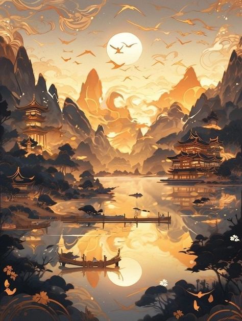 Ancient China Fantasy Art, Ancient China Aesthetic, Lockscreen Themes, Dreamy Artwork, Art Gallery Wallpaper, Cute Doodle Art, Landscape Artwork, Cool Wallpapers Art, Beautiful Landscape Wallpaper