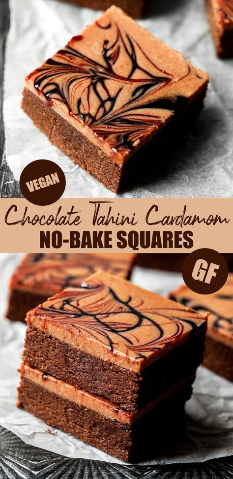 Chocolate Tahini Cardamom Squares - Nadia's Healthy Kitchen Chocolate Tahini, Plant Based Desserts, Easy Vegan Dessert, Elegant Desserts, Raw Desserts, Healthy Kitchen, Vegan Dessert Recipes, Vegan Treats, Vegan Cake