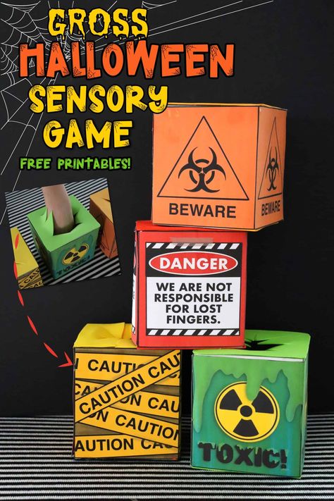 Gross Halloween sensory game made from tissue box! FREE PRINTABLES #halloween #classroomgame - A girl and a glue gun Mystery Box Ideas, Goosebumps Party, Halloween Ideias, Tissue Box Crafts, Roll A Dice, Classroom Party Games, Sensory Games, Halloween Sensory, Halloween Mystery