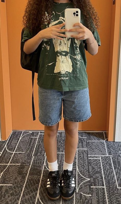 H&m Shorts Outfit, Jorts And Baggy Top, Jorts And Samabas, Jorts On Short People, Unisex Outfits Summer, Jorts Outfit Women’s Midsize, Sustainable Minimalist Fashion, Empyre Jorts Outfits, Baggy Tee And Shorts