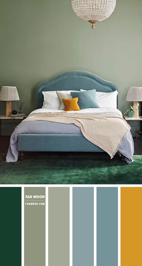 Looking for a soothing color for bedroom? Consider sage green color. Whether you use it as an accent, or decorate your entire bedroom. The monochrome sage-green color scheme is very... Mustard And Turquoise Bedroom, Ocre Color Palette Bedroom, Mustard Yellow Color Palette Bedroom, Mustard Sage Color Palettes, Hunter Green And Mustard Yellow Bedroom, Green And Ochre Bedroom, Blue Sage Bedroom, Bedroom Color Schemes Yellow, Sage And Blue Bedroom Ideas