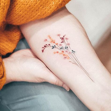 Wildflower Small Tattoo, Spring Tattoo Ideas Nature, Colour Wildflower Tattoo, Small Wildflower Tattoo Color, Flower Bouquet Tattoo Sleeve, Wildflower Tattoo Shoulder Cap, Fern And Wildflower Tattoo, Wild Flower Hip Tattoo, Wildflower Foot Tattoo