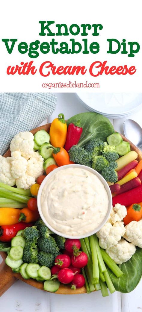 This Easy Knorr Vegetable Dip with Cream Cheese is a simple homemade dip recipe with just a few ingredients that is perfect with vegetables, crackers, or chips. Easy Vegetable Dip, Knorr Vegetable Dip, Cheese Dip Recipes Easy, Vegetable Dip Recipe, Dip With Cream Cheese, Cream Cheese Recipes Dip, Party Dip Recipes, Homemade Dips, Vegetable Dip