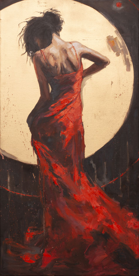 Oil painting of the Sun's allegory: a woman in a blazing red dress before a golden circle, radiating strength and brightness. Woman Silhouette Painting, Ethereal Art Aesthetic, Radiant Woman, Tilt Shift Photography, Iconic Paintings, Red Aura, The Golden Circle, Vision Art, Woman In Red