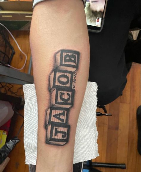 Blocks Tattoo, Baby Cubes, Letter Tattoos, Family Tattoo Designs, Mommy Tattoos, Family Tattoo, Kids Blocks, Arm Tattoos, Family Tattoos