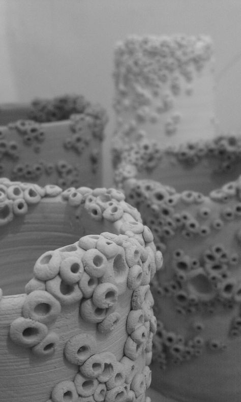 I am currently working on several pieces which take inspiration from barnacles and the manner in which they colonise and alter surfaces. As miniature living vessels themselves, barnacles cling to objects, regardless of their once intended function. It is those items which are essentially rubbish, discarded or lost to sea and reclaimed by nature that fascinate me. The original, intended use of the form becomes irrelevant as it succumbs to forces of nature. Through this, I am playing with the... Natural Forms Ceramics, Sea Objects, Nature Ceramics, Reclaimed By Nature, Organic Ceramics, Ceramic Texture, Sculptures Céramiques, Pottery Handbuilding, Clay Texture