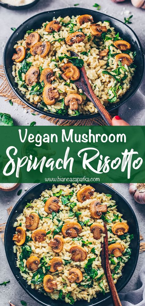 Vegan Spinach Dinner, Rissoto Recipes Vegan, Mushroom And Spinach Risotto, Vegan Arborio Rice Recipes, Vegan Mushroom Risotto Recipes, Vegan Spinach Casserole, Vegan Mushrooms Recipe, Plant Based Spinach Recipes, Vegan Recipes With Spinach