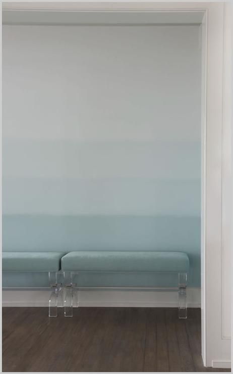 Blue Ombre Walls with Lucite Bench Blue Ombre Wall, Ombre Bedroom, Ombre Interior, Ombre Painted Walls, Contemporary Foyer, Entrance Foyer Design, Office Painting, Blue Painted Walls, Gradient Wall