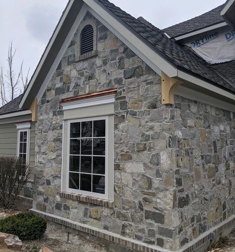 Grey Stone House, Stone Siding Exterior, Stone Veneer Exterior, White Farmhouse Exterior, Stone Exterior Houses, Natural Stone Veneer, Stone Cottages, Stone Facade, Cottage Exterior