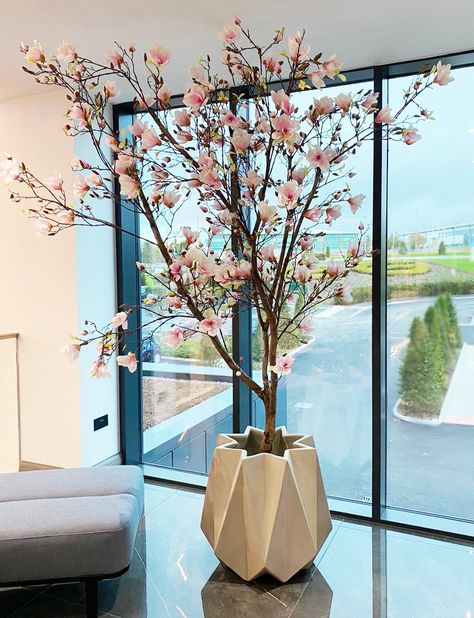 Interior Planting at Euro Garages Head Office Pink Artificial Tree, Office Flower Decor, Faux Magnolia Tree, Artificial Trees Indoor Decor, Magnolia Decor Ideas, Pink Magnolia Tree, Artificial Indoor Trees, Magnolia Decor, Tall Indoor Plants