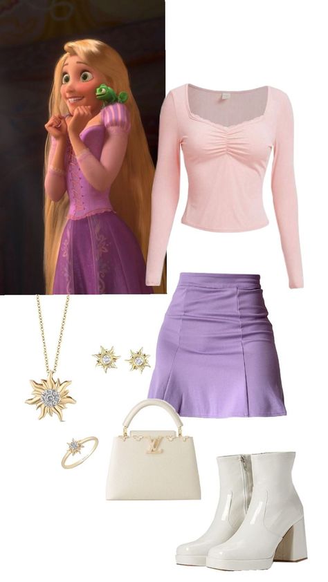 Tangled Rapunzel Inspired Outfit, Disney Bound Outfits Aurora, Repunzle Outfit Idea, Rapunzel Disneybound Winter, Tangled Dress Inspired Outfits, Rapunzel Outfit Ideas Casual, Rapunzel Modern Outfit, Disneybounding Rapunzel, Tangled Outfit Ideas