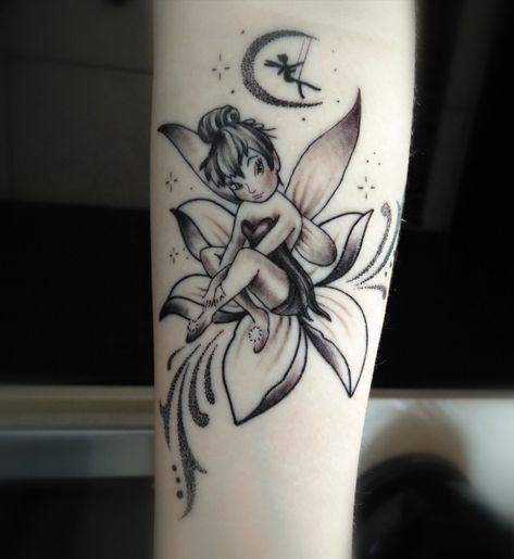 Tinkerbell Flower Tattoo, Tinker Bell Tattoos, Bell Tattoo, Tinker Bell Tattoo, Belle Tattoo, Lily Flower Tattoos, Tribute Tattoos, Fairy Tattoo Designs, Mommy Tattoos