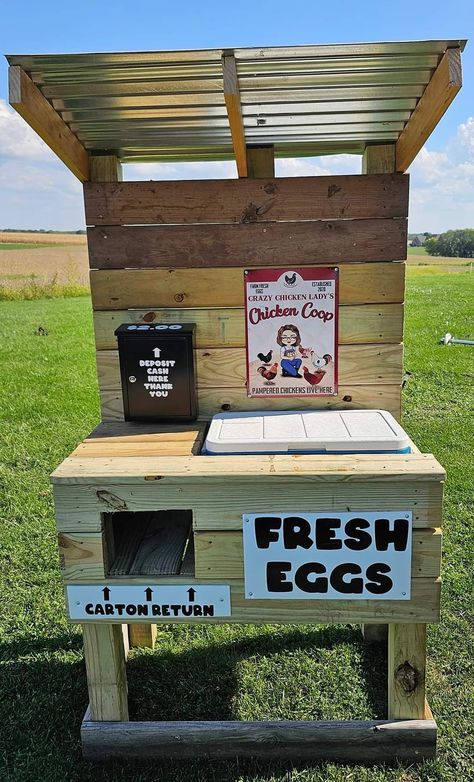 Roadside Egg Stand Cooler, Farm Fresh Eggs Stand, Roadside Egg Stand Ideas, Farm Stands Roadside Diy, Roadside Egg Stand Diy Cooler, Chicken Egg Stand Ideas, Egg Stands Roadside, Front Yard Farm Stand, Simple Farm Stand